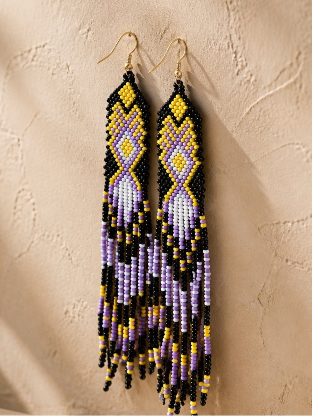 Western Beaded Long Earrings Purple Yellow Beaded boho jewelry gift tassel  New
